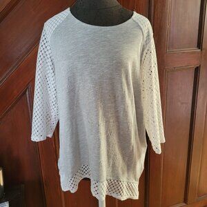 Zenergy By Chicos Long Sleeve Metallic Silver Knit Top Lace Accents Size 2